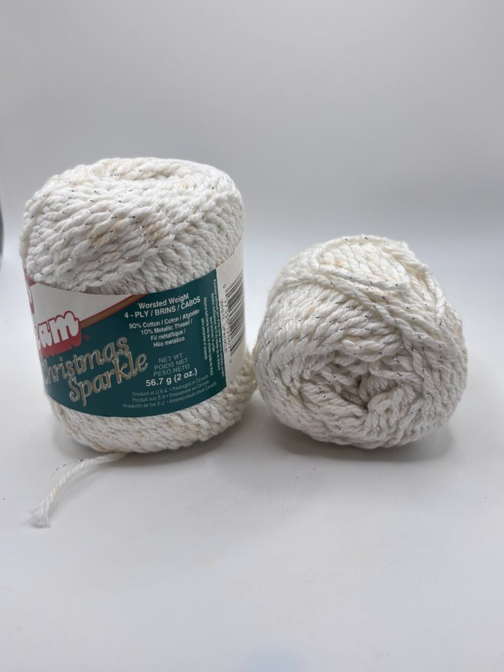 2 Balls SUGAR’N CREAM Christmas Sparkle COTTON YARN WHITE SPARKLE LOT 87026175